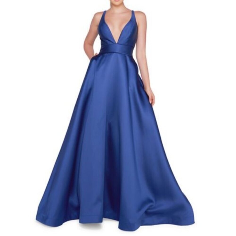 Mac Duggal Royal Blue Satin V-Neck Maxi Gown